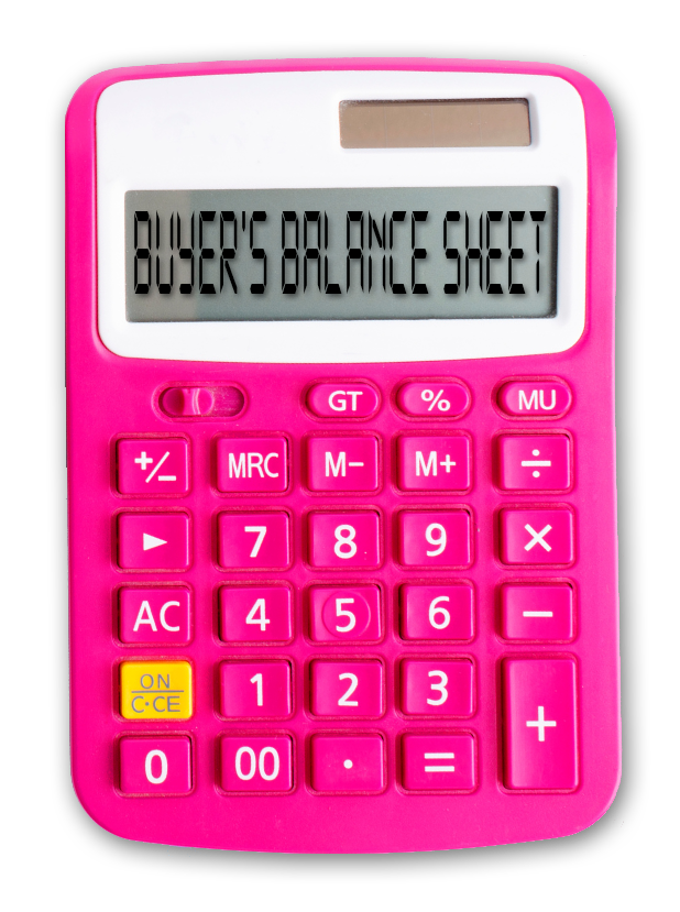 simple calculator, pink in colour with BUYER'S BALANCE SHEET displayed on the screen