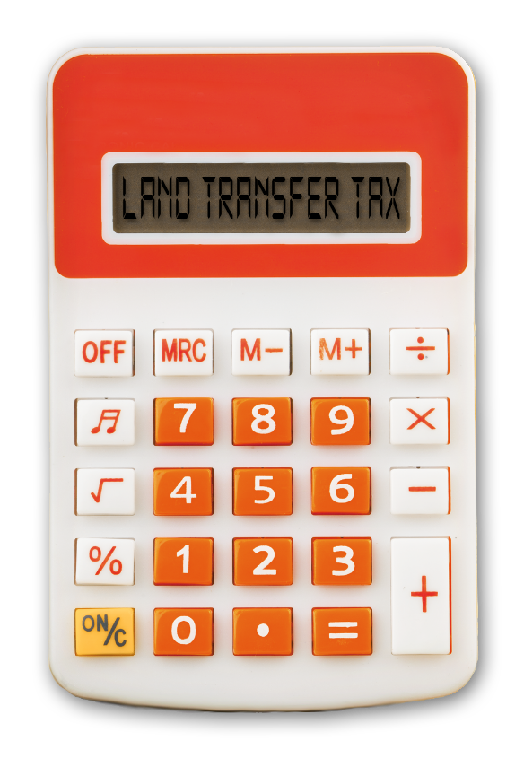simple calculator, orange and white in colour with LAND TRANSFER TAX displayed on the screen