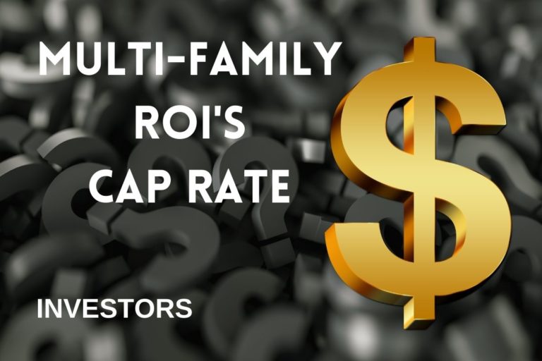 Gold dollar sign on top of many black question marks with the caption - Multi Family ROI's and Cap Rate