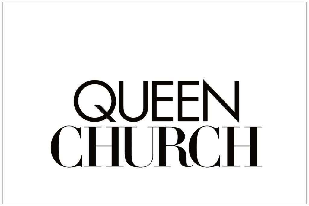 Black and white logo of Queen Church with Queen above Church