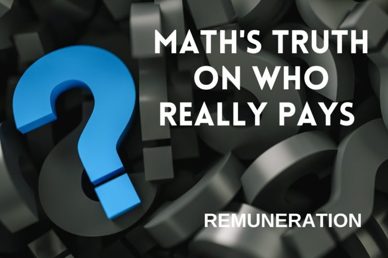 Blue question mark on top of many black question marks with the caption - Math's truth on who pays commission