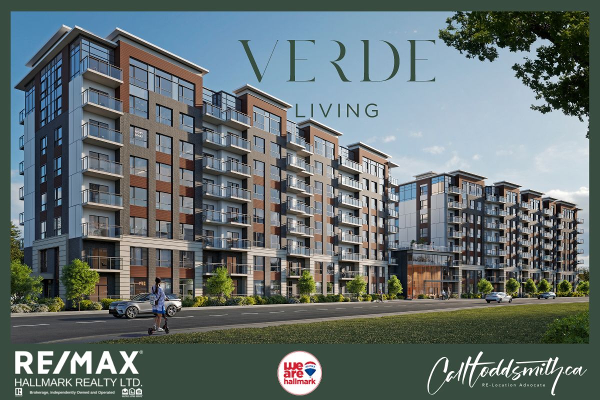 View of VERDE Living condominiums in Kitchener, Ontario of side by side complexes of 8 stories high